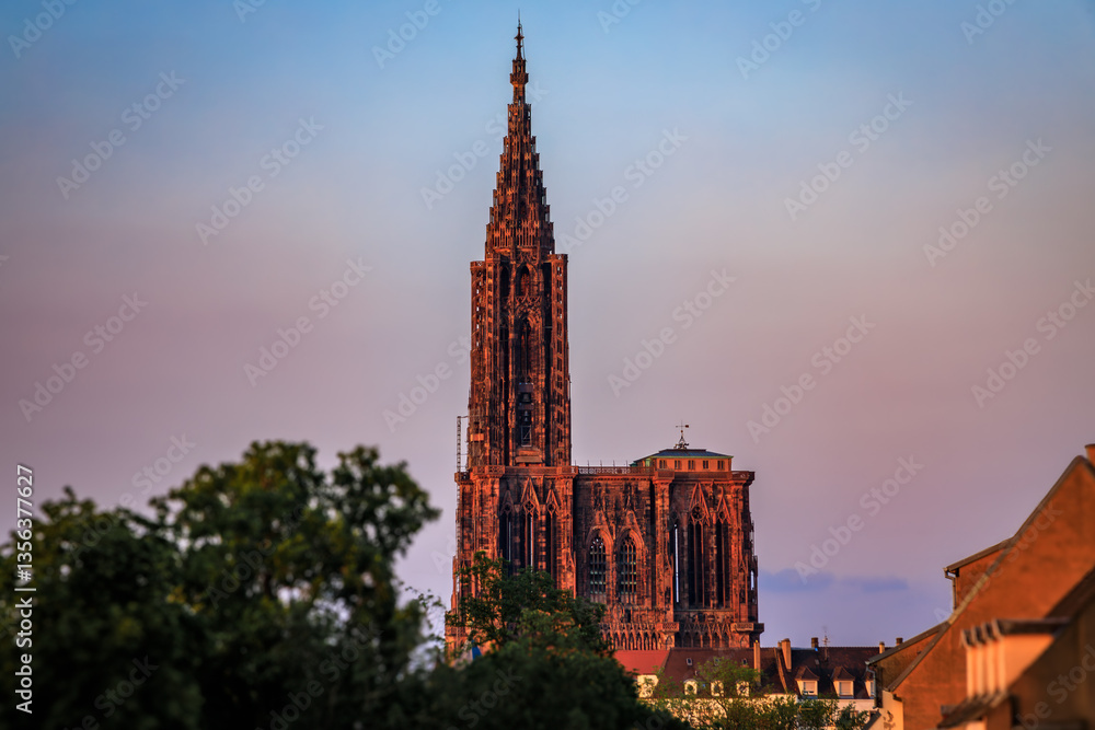 Naklejka premium Ornate Gothic facade of the Notre Dame Cathedral in Strasbourg, France at sunset