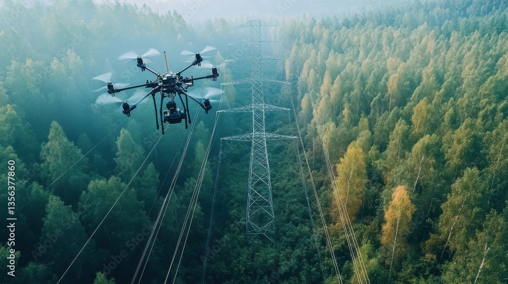 Fototapeta premium Drone Flying Over Power Lines in Lush Green Forest Landscape