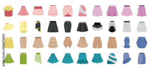 An assortment of flat style skirt illustrations in various colors
