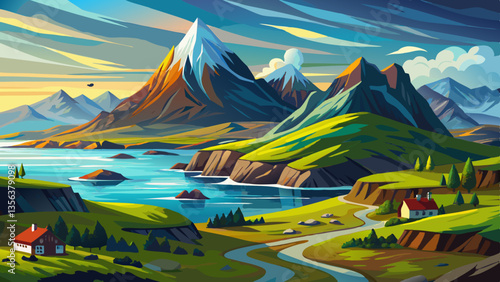 panoramic landscape with meadow and lake in front of alps mountains