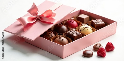 Assorted chocolates in elegant gift box, white background, white, holiday