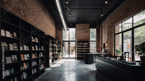 Modern Bookstore Interior with Exposed Brick Walls and Abundant Bookshelves