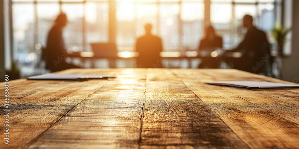 Close-up of rustic wooden table, sunlit, with blurred business people background, showcasing free space for text or product display, ideal for advertising or mockup Close-up of rustic wooden table, sunlit, with blurred business people background, showcasing free space for text or product display, ideal for advertising or mockup