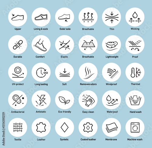 Set icons for shoes materials. The outline icons are well scalable and editable. Contrasting vector elements are good for different backgrounds. EPS10.	