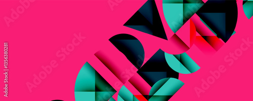 Abstract geometric pattern with intersecting circles and triangles in gradients. The high-contrast composition creates depth and a dynamic, modern aesthetic