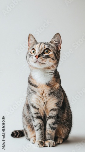 Beautiful Oriental cat is sitting on a white background. Looking forward. The cat's eyes are wide open, giving it a curious and alert appearance . Copy space . 