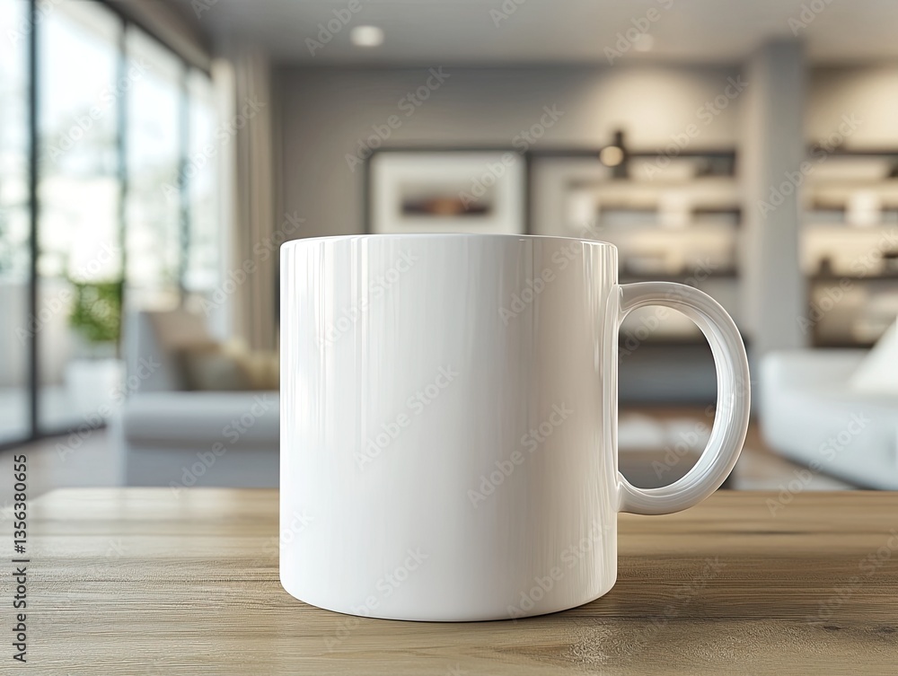 White mug on a wooden table in a modern living room White mug on a wooden table in a modern living room