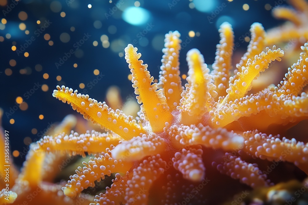 Fototapeta premium Numerous species live together, interact, and produce a harmonic blend of diversity and unity in coral reefs, which are a stunning example of the complex web of marine life. Generative Ai