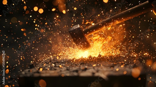 Hammer Striking Metal with Sparks and Flames