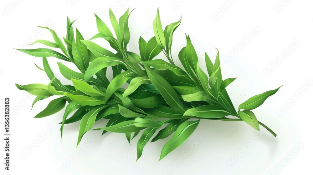 Fototapeta premium A bunch of fresh tarragon leaves isolated on a transparent white background, with narrow, pointed leaves and a rich green hue