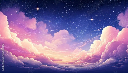 Dreamy pastel sky at sunset.  Fluffy clouds drift beneath a starlit expanse.  Soft, ethereal colors create a peaceful, magical atmosphere.