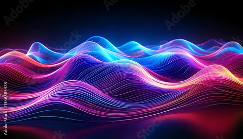 Abstract vibrant waves of light.  Neon pink, blue, and purple hues flow dynamically across a dark background.