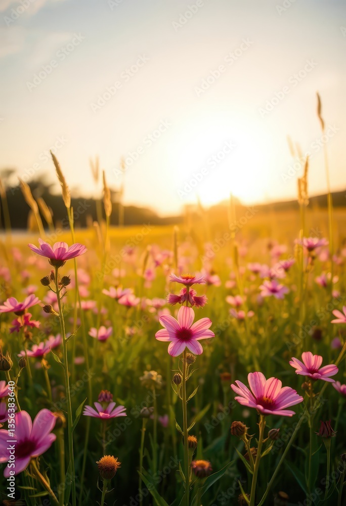 Obraz premium Pink wildflowers bloom in a sunlit field at dawn, sunrise field, blooming, sun