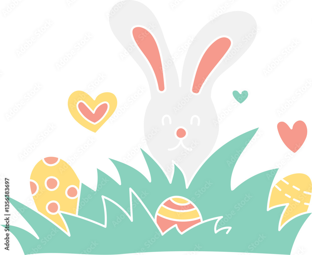 Obraz premium boho groovy easter Easter bunny with eggs and hearts in colorful grass. in doodle flat color style