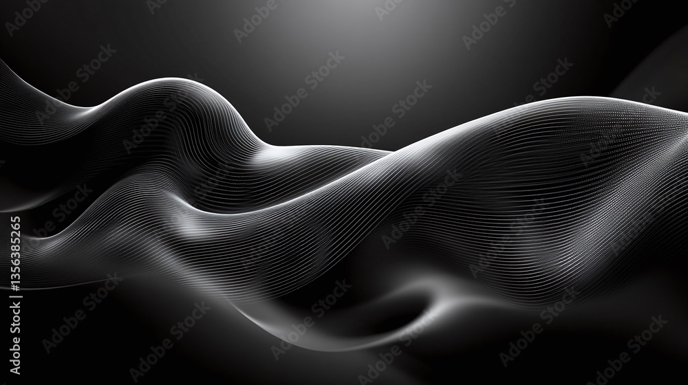 Smooth flowing abstract lines in black and white forming elegant waves with subtle depth and gradient tones Smooth flowing abstract lines in black and white forming elegant waves with subtle depth and gradient tones