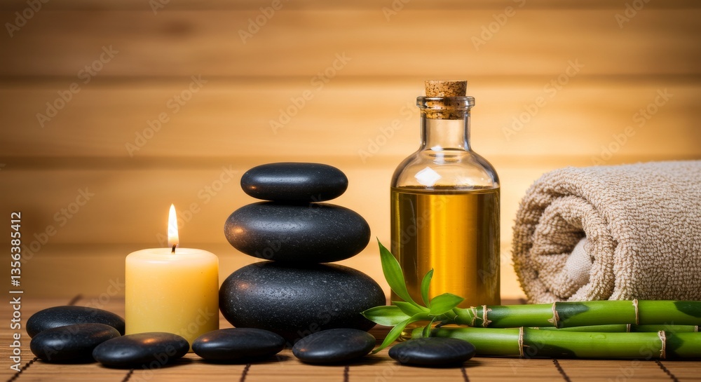 A relaxing spa composition features stones oil and a candle A relaxing spa composition features stones oil and a candle