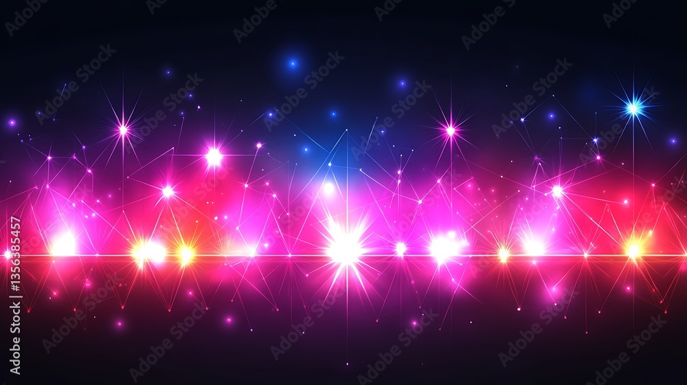Fototapeta premium Abstract glowing pink, purple, and blue light streaks and stars.