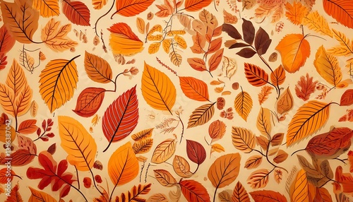 Autumn leaves in warm, vibrant hues.  A cheerful, fall-themed design featuring a variety of leaf shapes and colors on a creamy background.