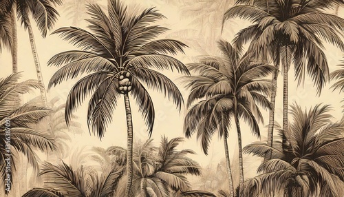 Elegant sepia-toned illustration of lush palm trees.
