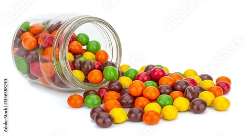 High-Resolution Image of Skittles Spilling from Glass Jar: White Background, Colorful Candy