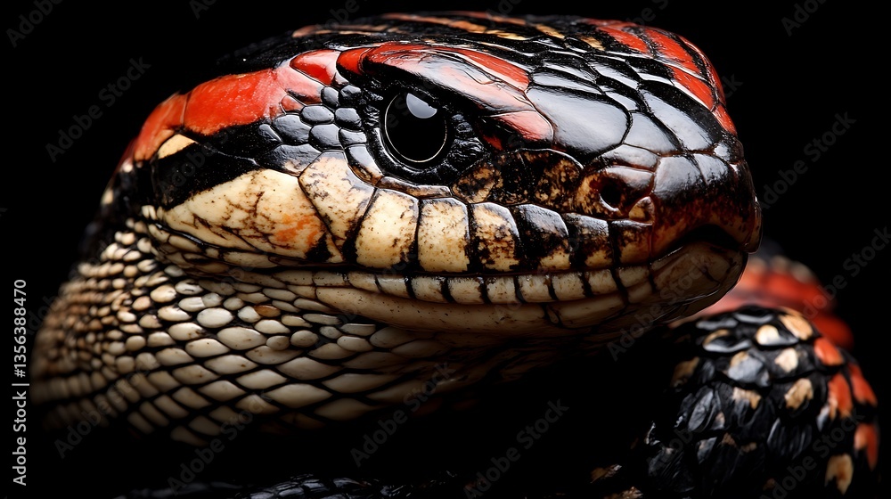Fototapeta premium Close-up of a red and black snake's head against a black background.