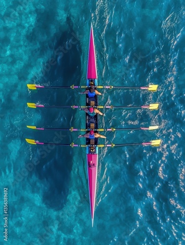 Aerial View of Four Athletes Rowing in a Pink Racing Shell on Turquoise Water Reflecting Sunlight