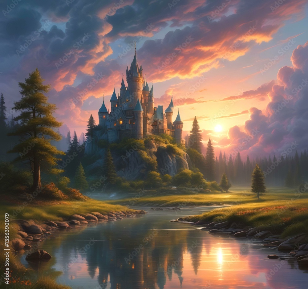 Fototapeta premium Illustration of fantasy forest with creek and tower castle.
