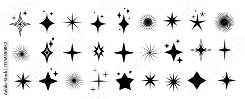 Sparks set. Vector icons of flash and star on transparent background. Glitters for decoration, designs and printing. Vector editable sparks collection.