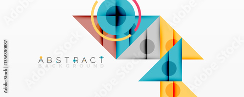 Geometric abstract design with layered triangles, circles, and gradients, forming a structured pattern with sharp contrasts and depth