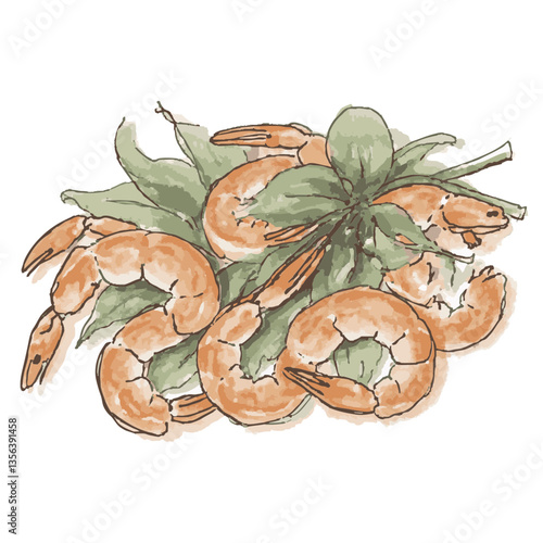 Illustration of a loose hand-drawn shrimp. Watercolor. Color. Vector.