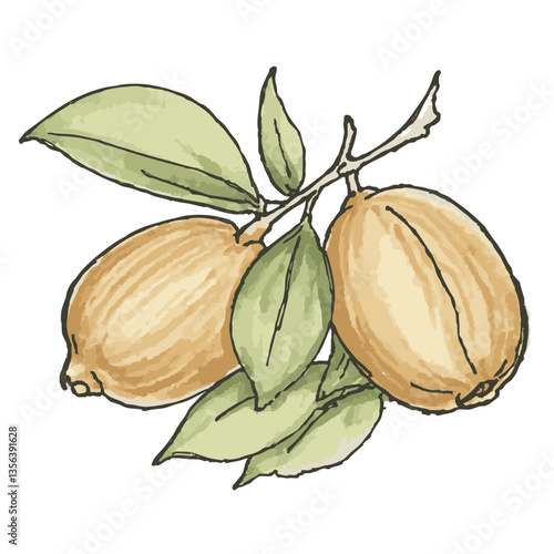 Loose hand-drawn nut illustration. Organic. Watercolor. Coloring. Color. Vector