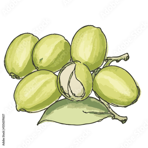 Loose hand-drawn pistachio illustration. Watercolor. Color. Vector.