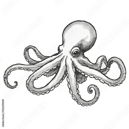 Loose hand-drawn octopus illustration. Organic. Watercolor. Coloring. Color. Vector