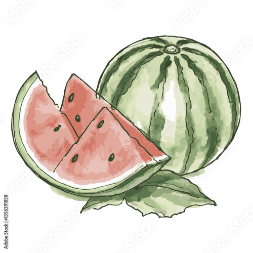 Illustration of a loose hand-drawn watermelon. Watercolor. Color. Vector.
