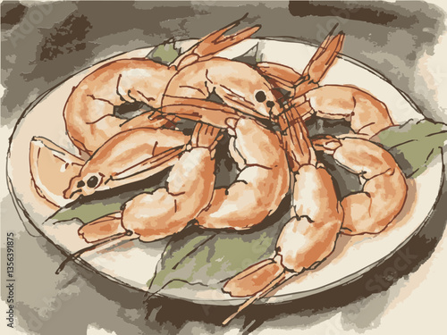 Illustration of a loose hand-drawn shrimp. Watercolor. Color. Vector.