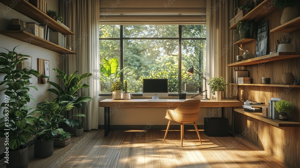 Fototapeta premium Modern Workspace Featuring Laptop and Green Plant in Minimalist Room with Natural Light and Calm Vibes