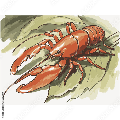 Loose hand-drawn crayfish illustration. Organic. Watercolor. Coloring. Color. Vector