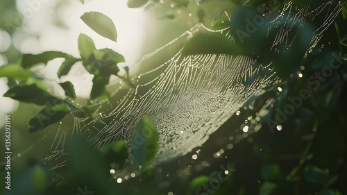 Dewy Spider Web Among Green Leaves