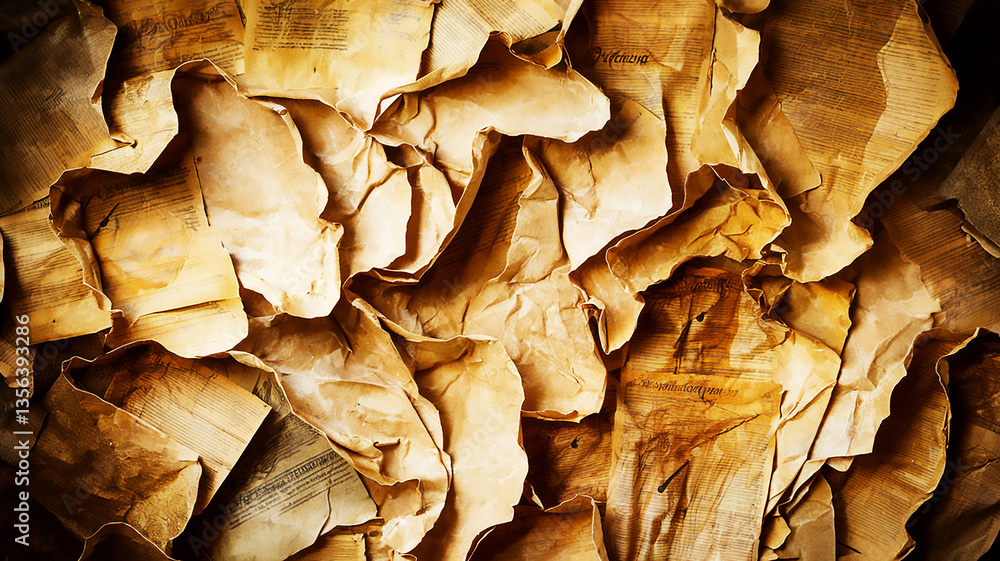 A textured view of crumpled and aged paper with visible writing and brown discolored spots A textured view of crumpled and aged paper with visible writing and brown discolored spots