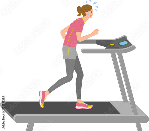 ジムのランニングマシンで走るのがつらく汗をかく若い女性
