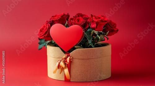 Red roses in a wooden box with a heart.