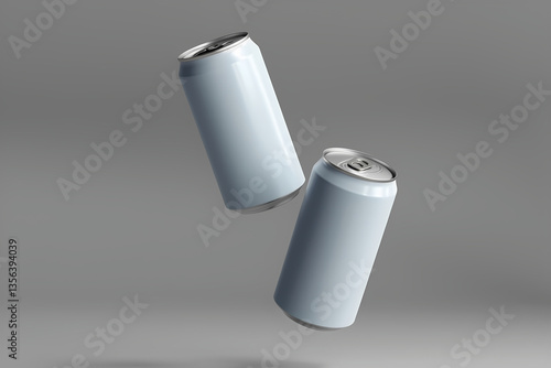 Drink Can Mockup, two blank drink cans floating in air isolated on grey background, 3d render