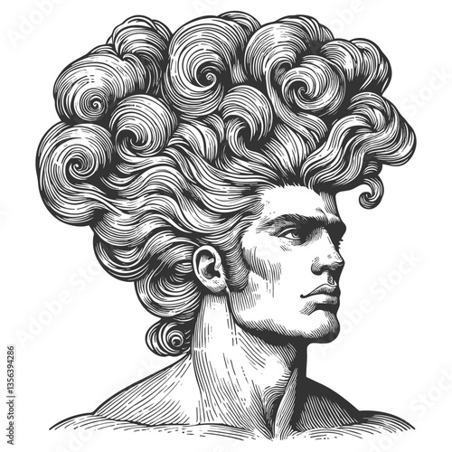 gentleman with an incredibly large, curly hairstyle, blending humor, surrealism, and vintage artistic style sketch engraving generative ai vector illustration. Scratch board. Black and white image.