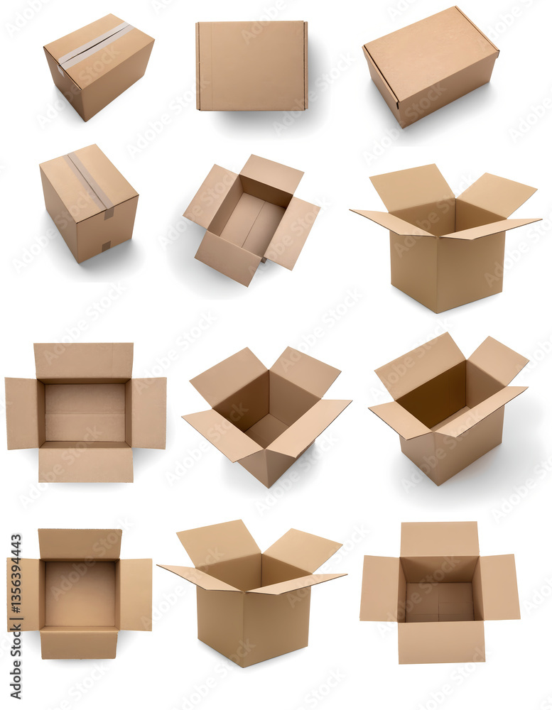 set of cardboard boxes moving transportation delivery, Realistic cardboard box mockup set from side, front and top view, 3d render set of cardboard boxes moving transportation delivery, Realistic cardboard box mockup set from side, front and top view, 3d render