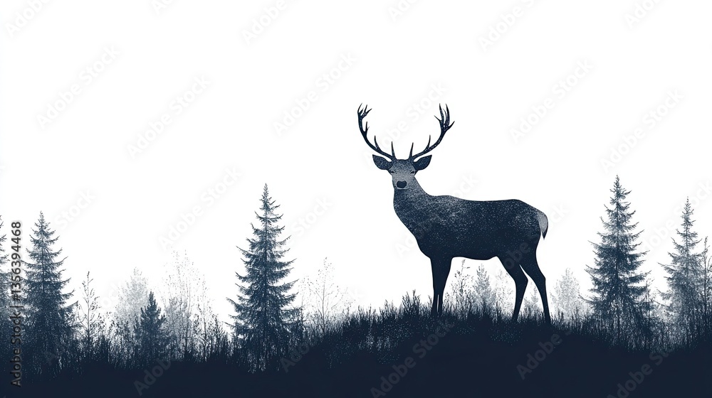 Obraz premium Silhouette of Deer in Forest on White Background, A Striking Wildlife Image in Minimalist Style 