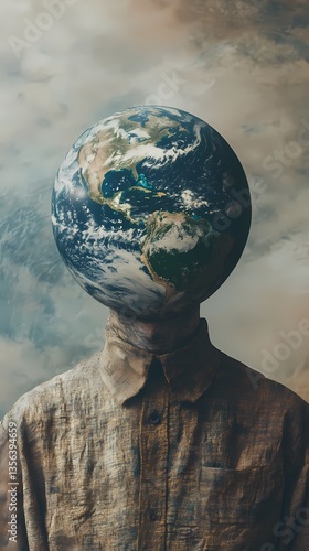 Human figure with head replaced by Earth floating in abstract clouds at surreal location