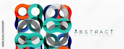 Abstract circle element composition with overlapping circular and tubular shapes featuring smooth gradients, transparency effects, and dynamic layering
