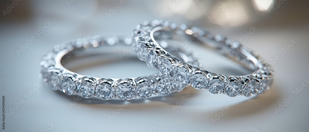 Two shimmering diamond eternity bands resting elegantly on a smooth surface showcasing timeless love and commitment with a soft focus Two shimmering diamond eternity bands resting elegantly on a smooth surface showcasing timeless love and commitment with a soft focus