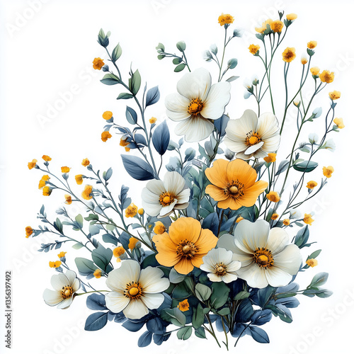 Beautiful bouquet of white and yellow flowers with green leaves and delicate stems