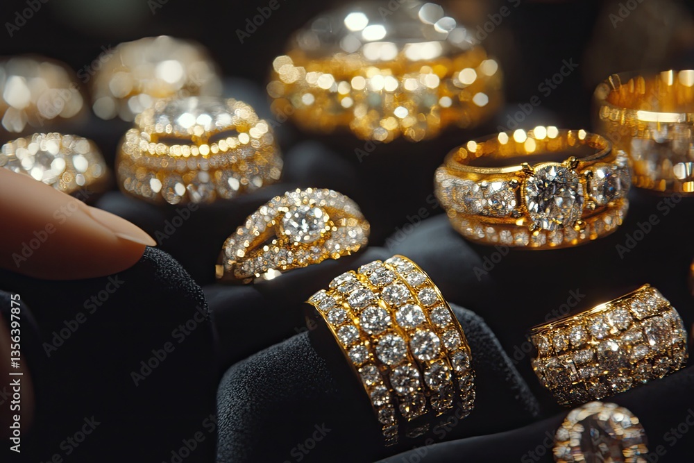 Exquisite diamond rings displayed in a velvet-lined jewelry box. A hand delicately touches a ring Exquisite diamond rings displayed in a velvet-lined jewelry box. A hand delicately touches a ring
